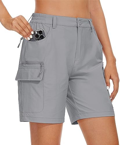 MAGCOMSEN Women&#39;s 7&#34; Hiking Golf Shorts 6 Pockets Lightweight Quick Dry Outdoor Casual Cargo Shorts Water Resistant