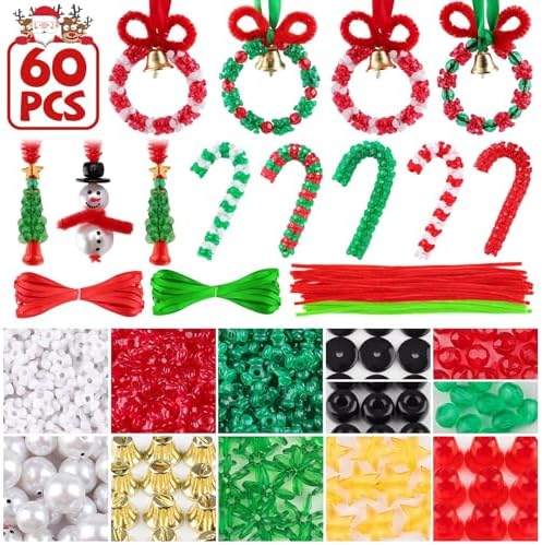 Lanstics 60 Sets Christmas Craft Beaded Ornament Kit Including 18PCS Wreath\/18PCS Candy Cane\/12PCS Snowmen\/12PCS Christmas Tree for Xmas Craft Tree Decorations Adults Holiday Party (Assembly Needed