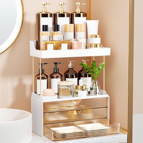 3 Drawers Makeup Organizer - 5 Tier Bathroom Organizers and Storage, Versatile Perfume Vanity Organizer, Ideal for Cosmetic, Large Skincare, Face Mask, Office Supplies, Amber