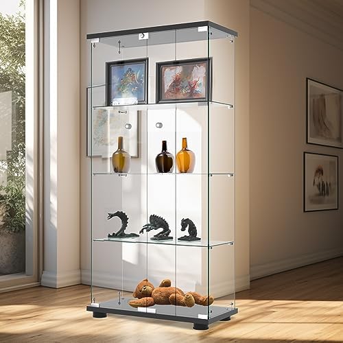 FANYUSHOW Glass Display Cabinet with Double Door and Lock, Quick-Install Style 4-Shelf Curio Cabinet 5mm Tempered Glass Floor Standing Bookshelf for Living Room, Bedroom, 65&#34; H x 32&#39;&#39;L x 1