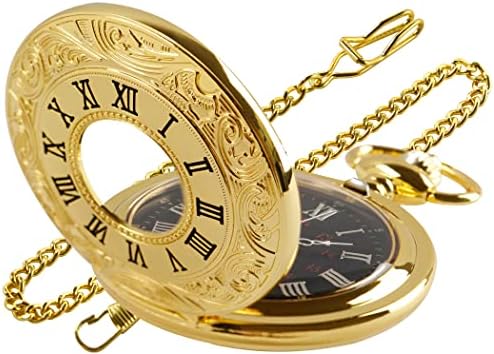 Realpoo Hollow Roman Digital Scale Men&#39;s Quartz Pocket Watches, Quartz Pocket Strap with Chain for Men