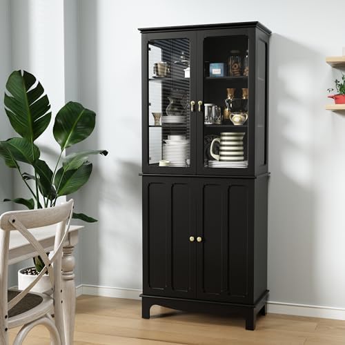 ARTPOWER 72&#34; Freestanding Kitchen Pantry Storage Sideboard, Classical Tall Cabinet with Glass Door and Adjustable Shelves for Kitchen, Livingroom and Dining Room, Black