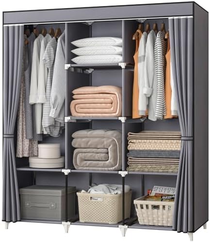 KEKIWE Portable Closet, 51 Inch Wardrobe Closet for Hanging Clothes with 2 Hanging Rods, 8 Storage Organizer Shelves for Bedroom, Durable and Easy to Assemble, Grey